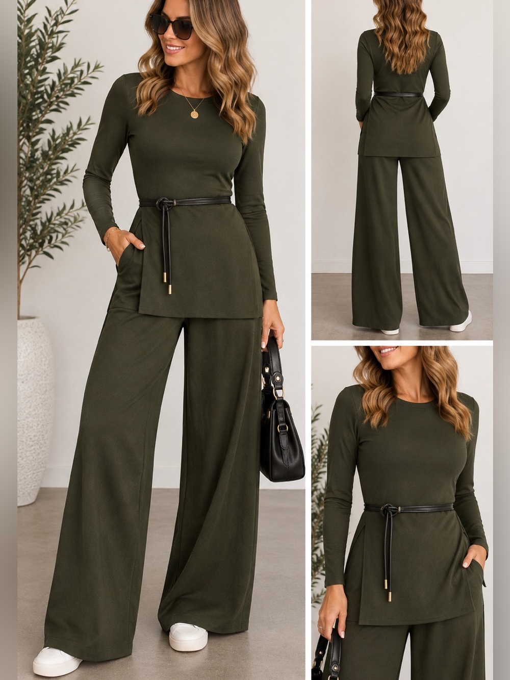 106.New  2pc set Olive Wide-Leg  pants with sweater with Belt